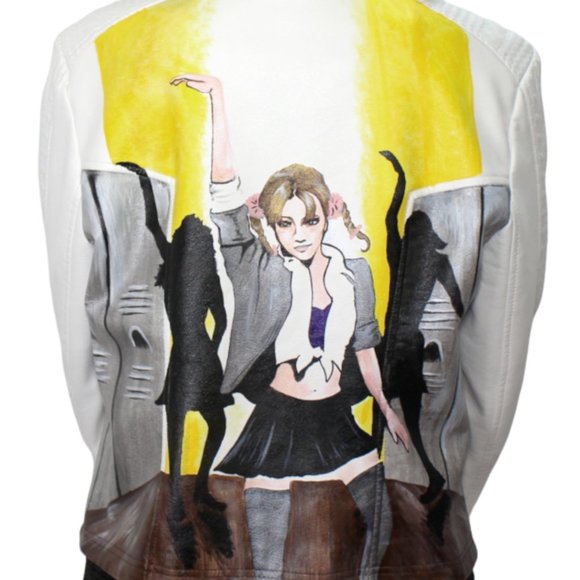 Britney Inspired Hand-Painted Faux Leather Jacket White Large - Picture 2 of 11